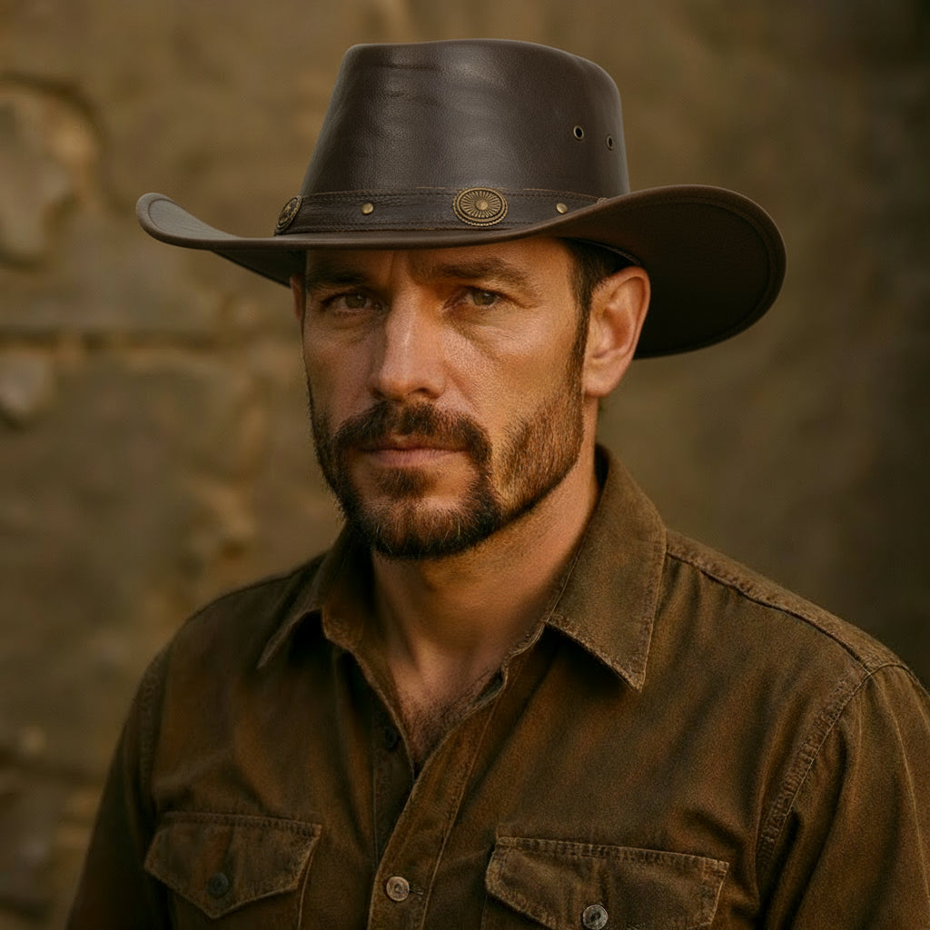 Craft Colt Crushable Water Buffalo Leather Cowboy Hat — Dark Olive Brown Wide Brim Outback with Braided Leather Band