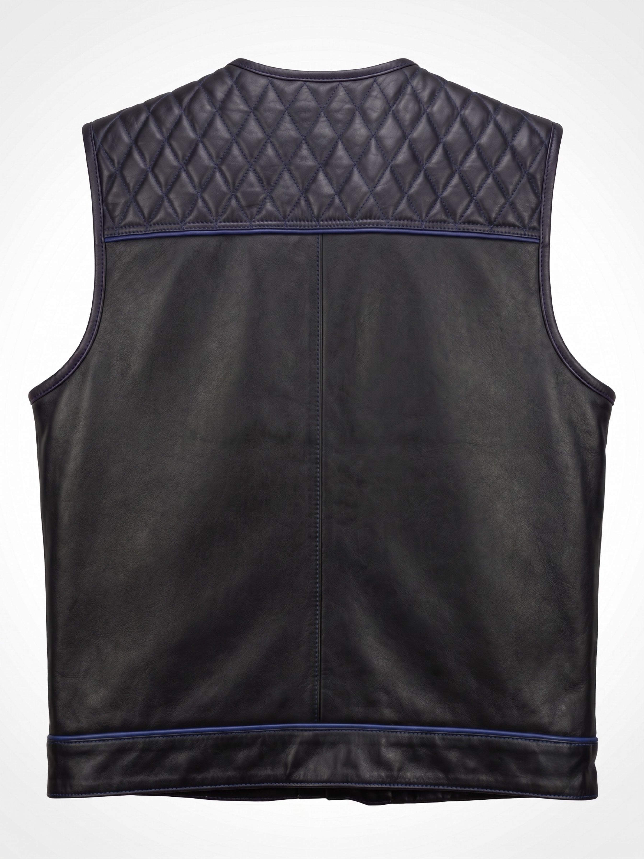 Diamond Quilted Leather Motorcycle Club Vest - Black/Blue