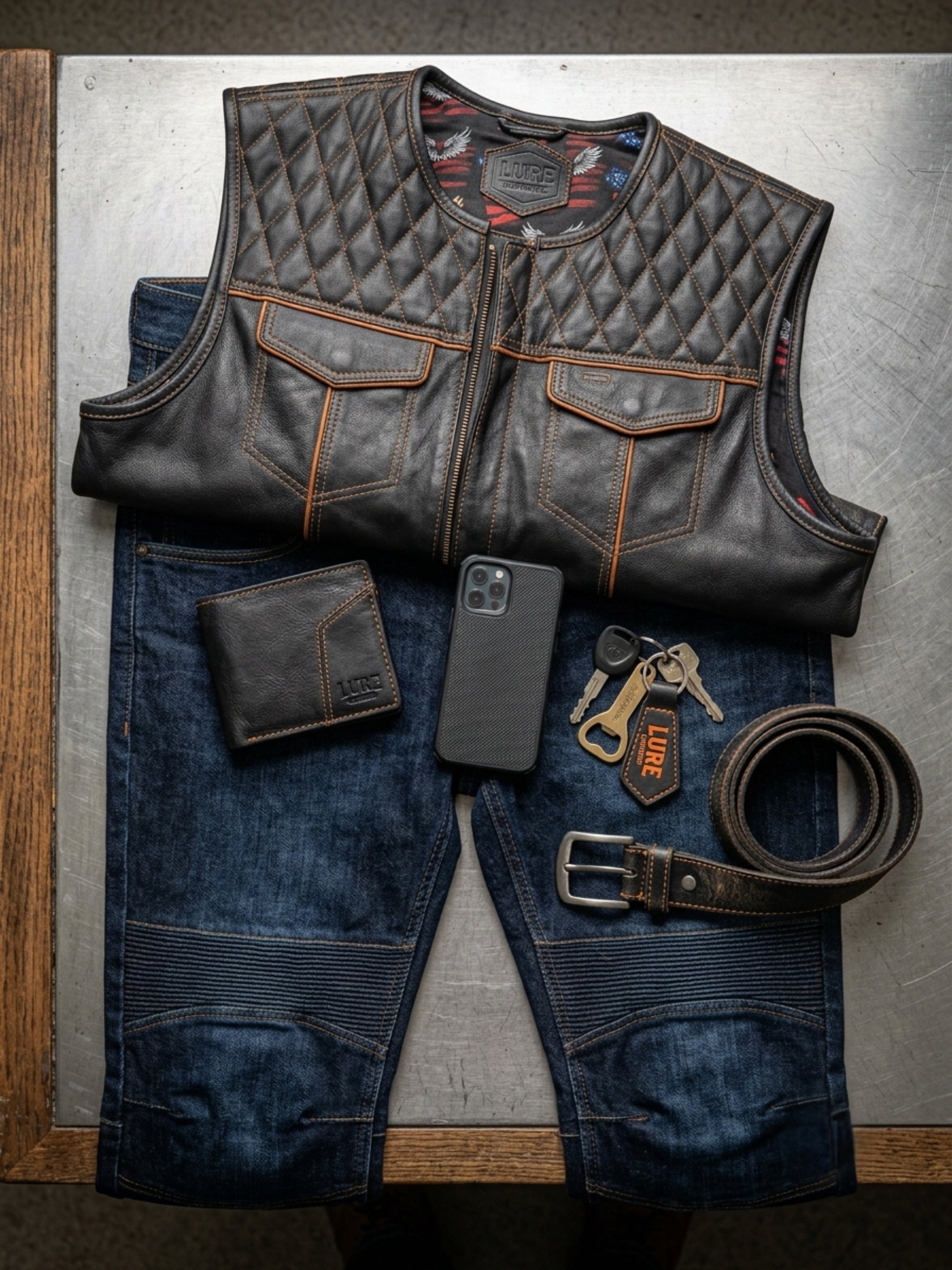 Diamond Quilted Leather Motorcycle Club Vest - Black/Orange