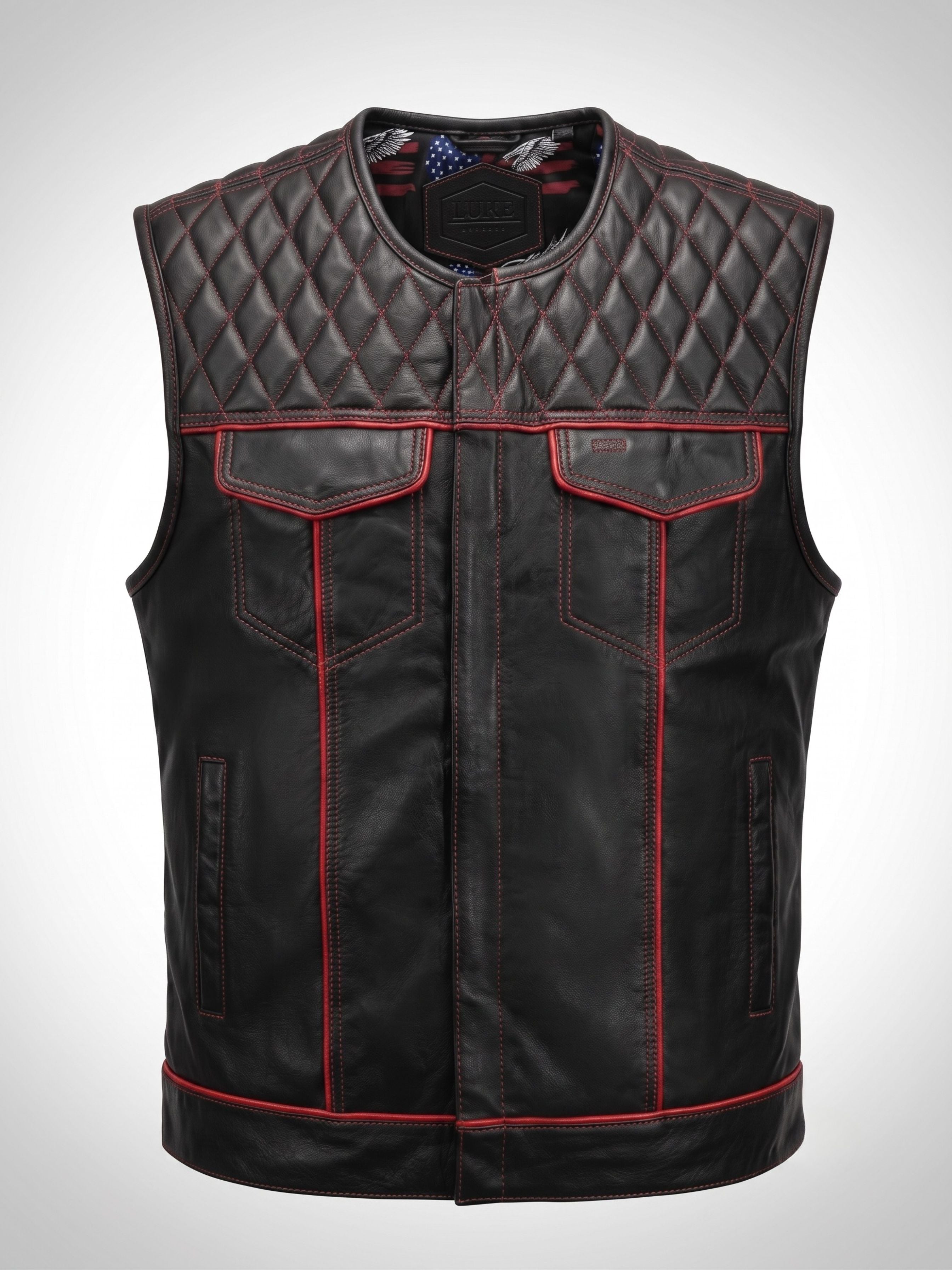 Diamond Quilted Leather Motorcycle Club Vest - Black/Red