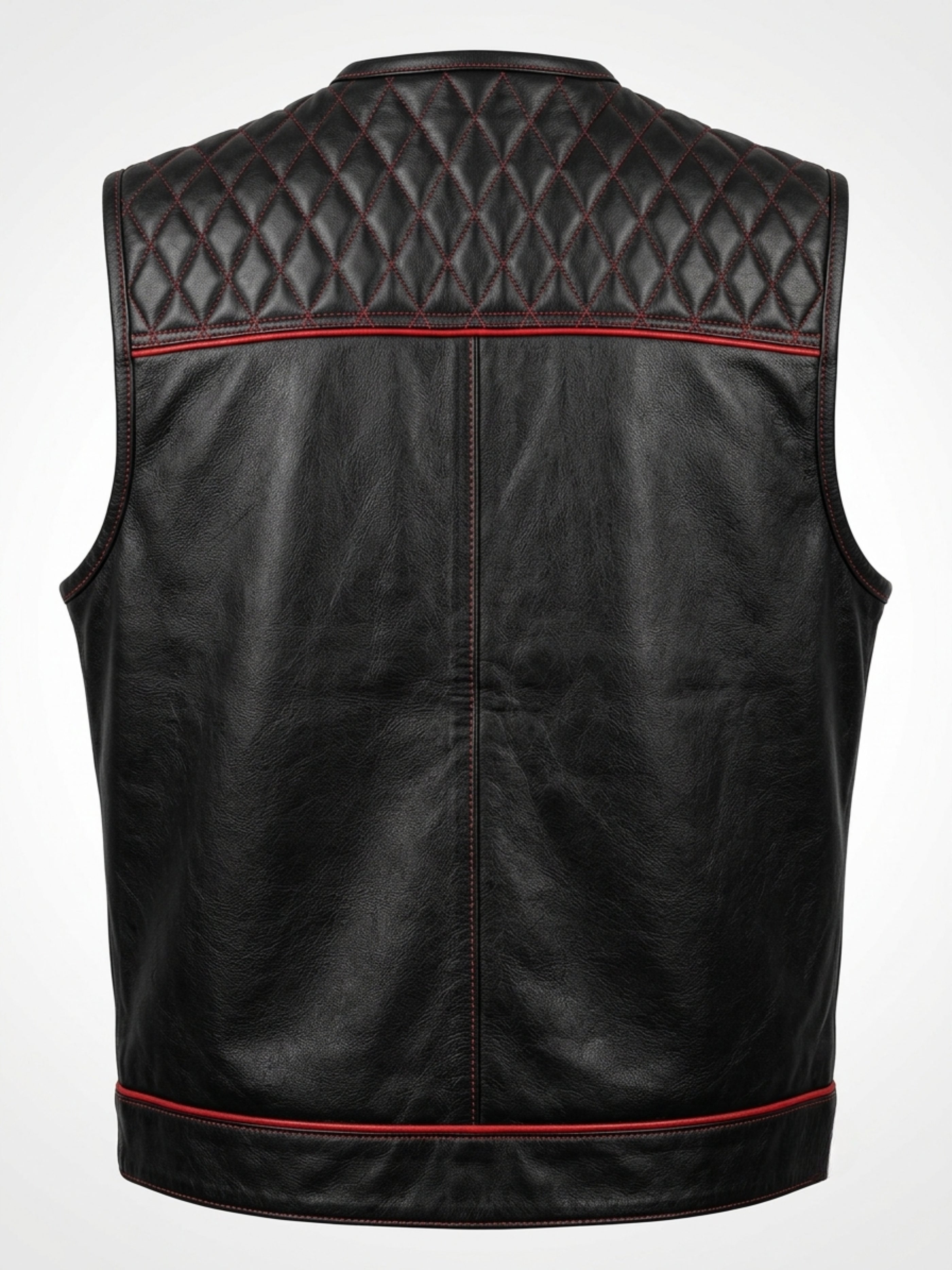 Diamond Quilted Leather Motorcycle Club Vest - Black/Red