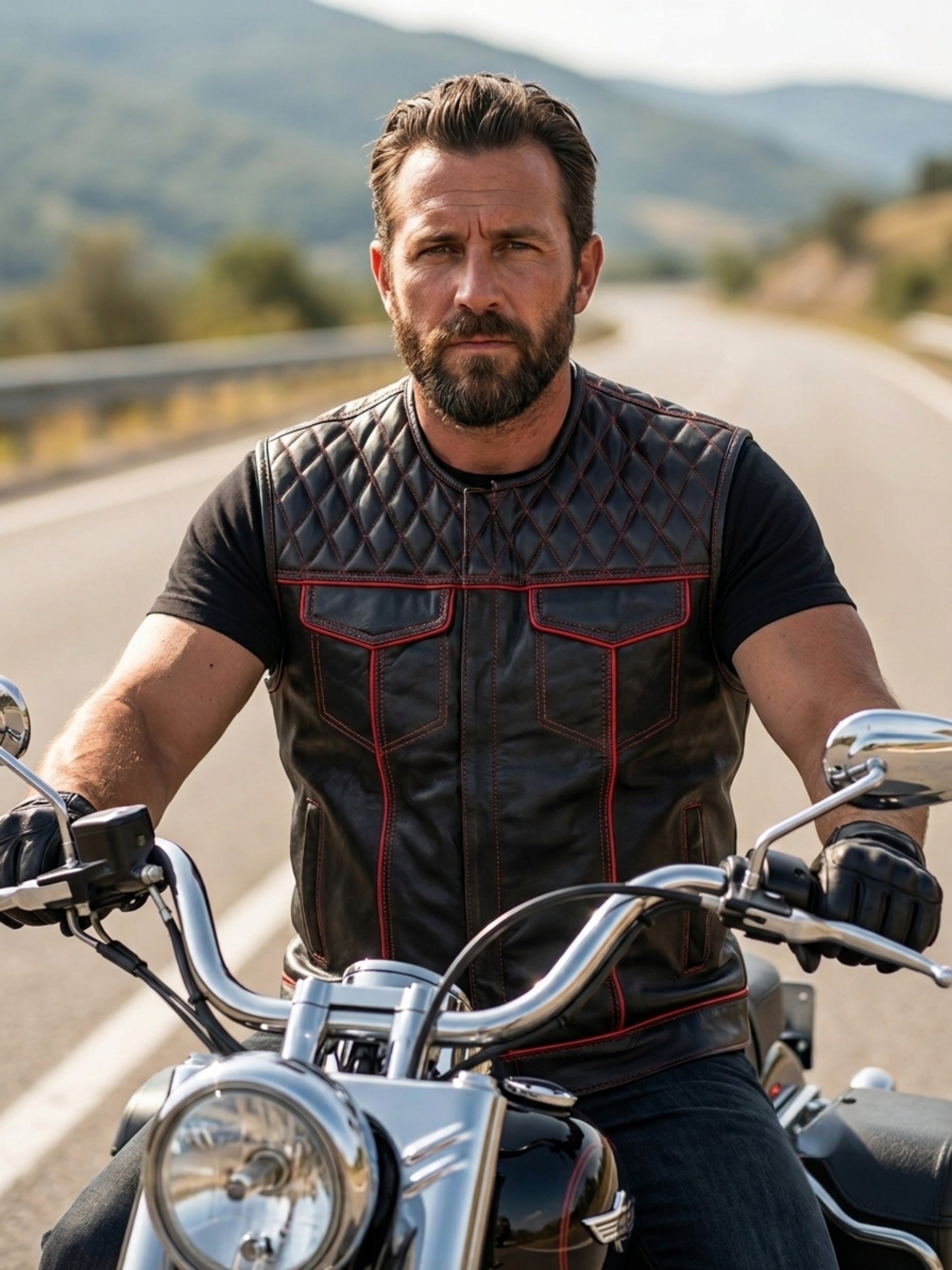 Diamond Quilted Leather Motorcycle Club Vest - Black/Red