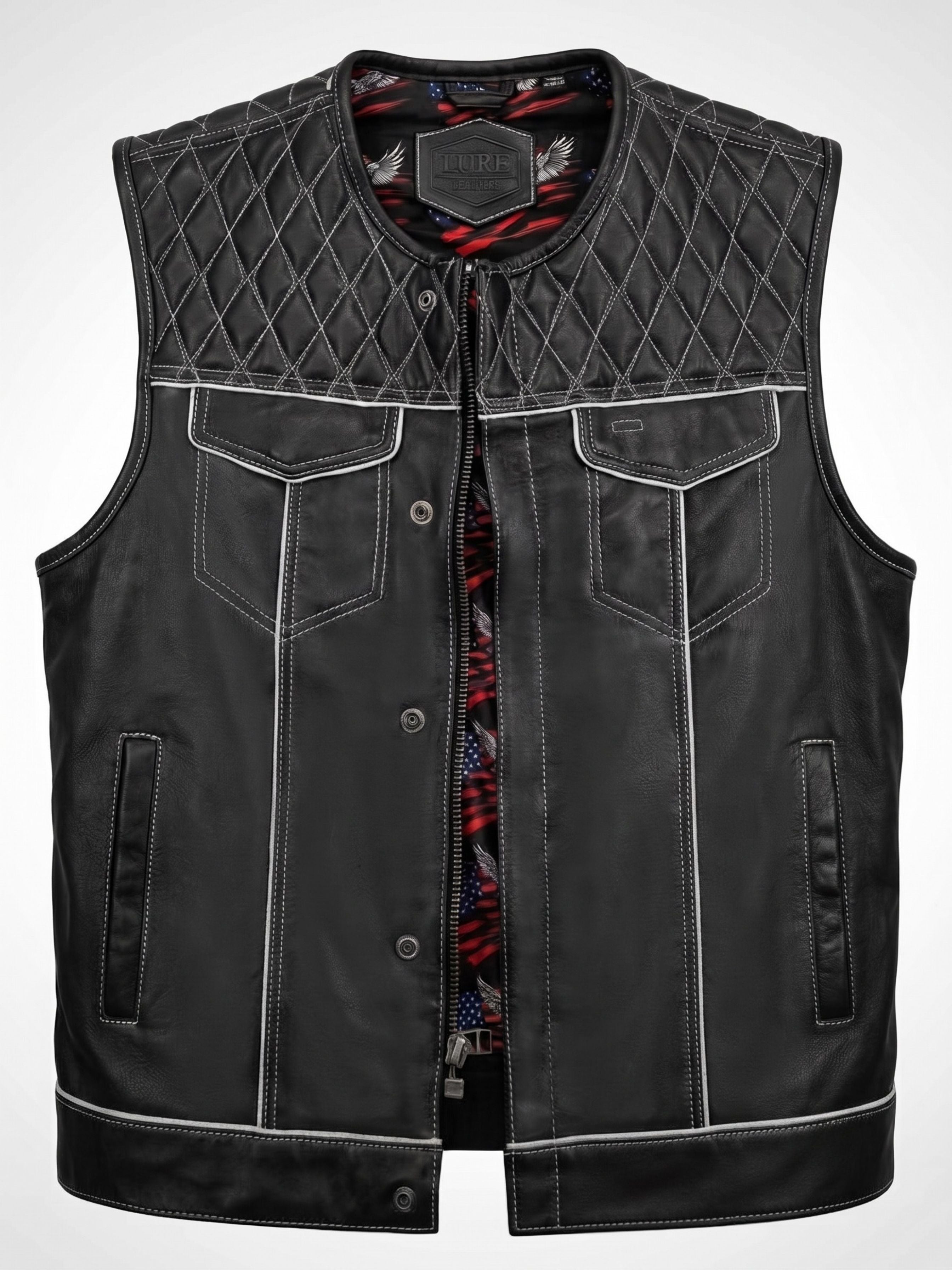 Diamond Quilted Leather Motorcycle Club Vest - Black/White