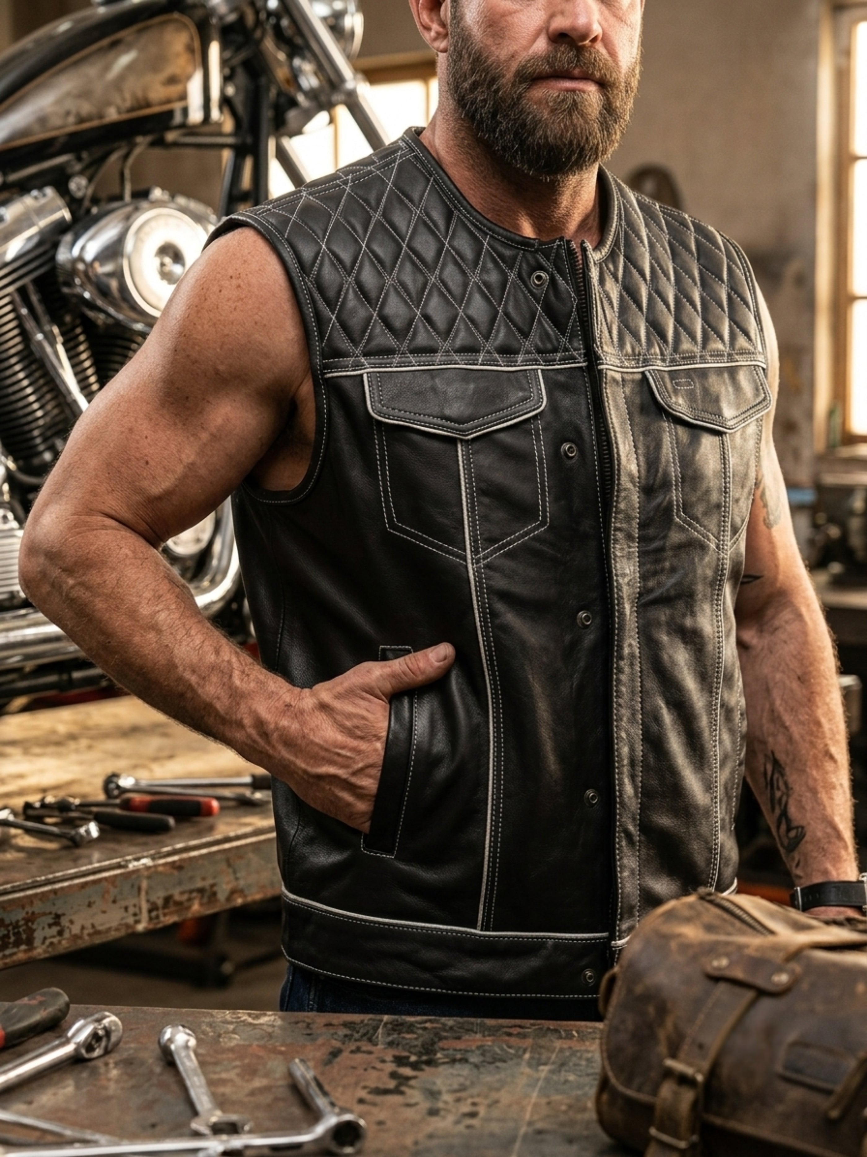 Diamond Quilted Leather Motorcycle Club Vest - Black/White