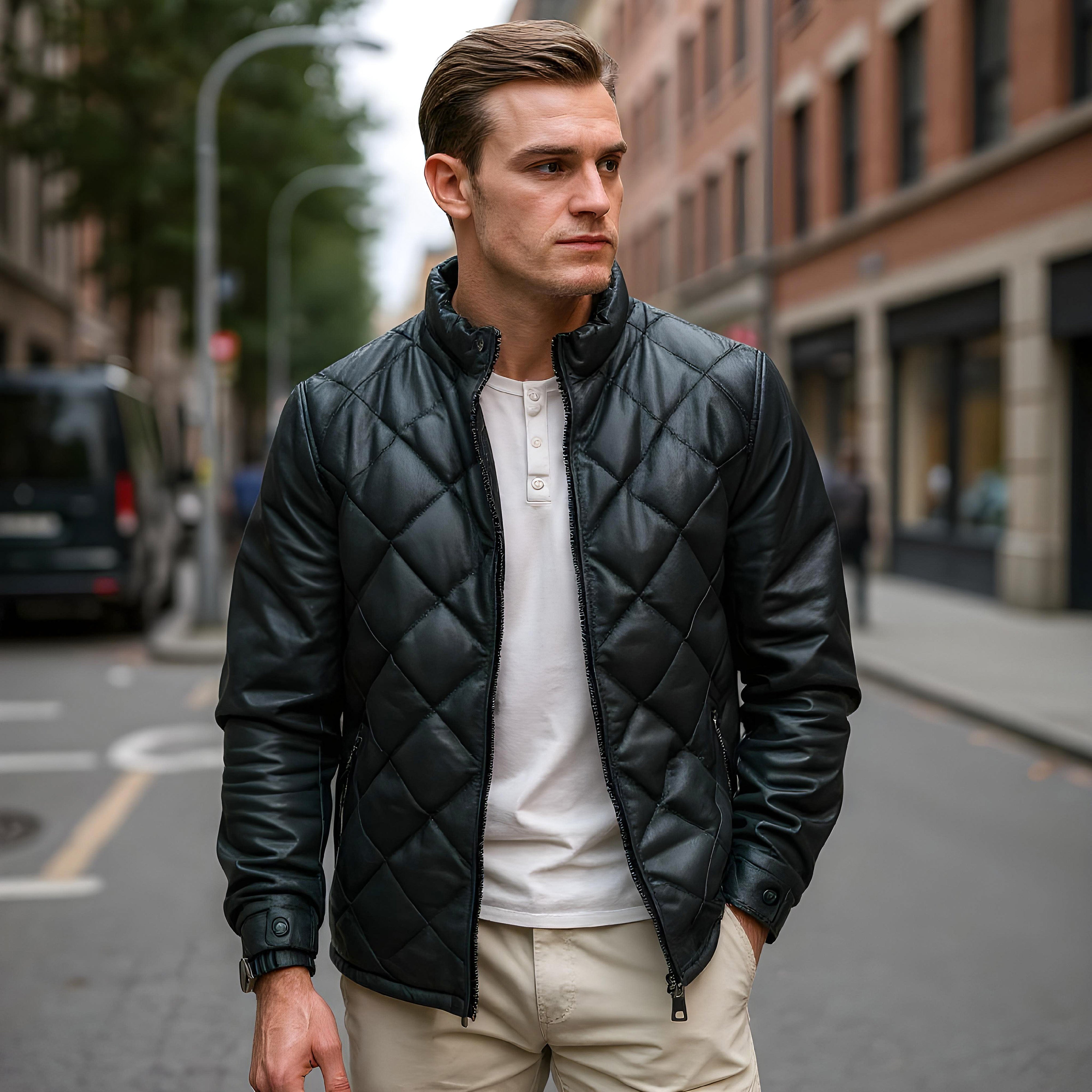 Jeff men's quilted jacket in black / anthracite sheepskin leather - Lure Leather