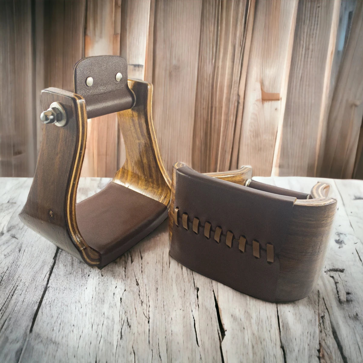 Western Style Wooden Bell Saddle Stirrup Leather Covered