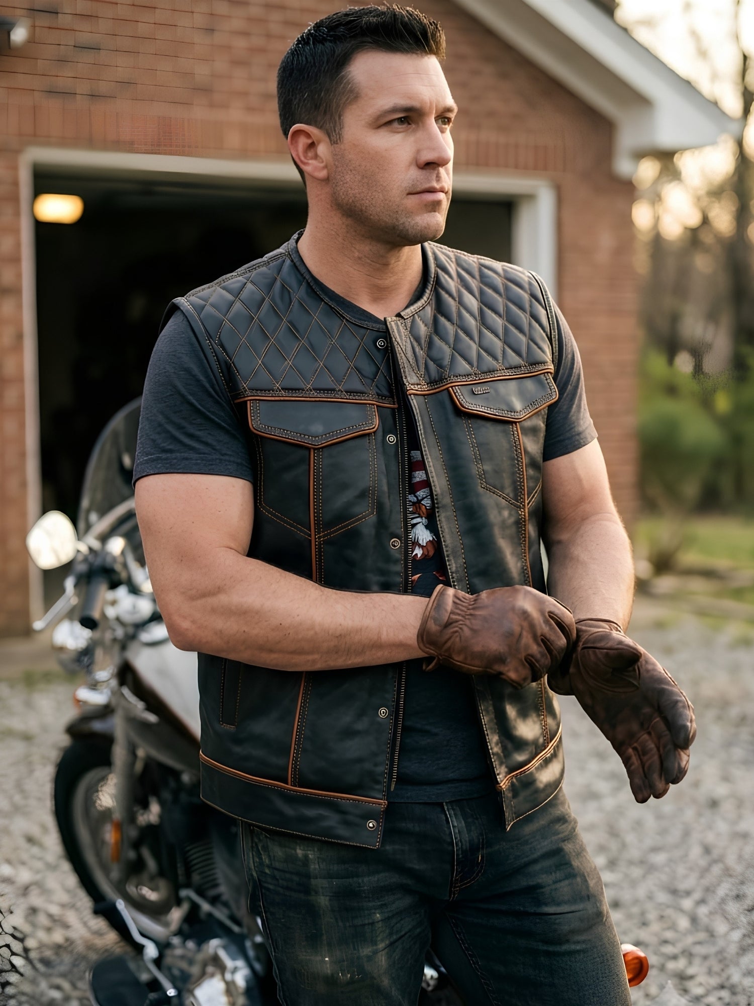 Diamond Quilted Leather Motorcycle Club Vest - Black/Orange